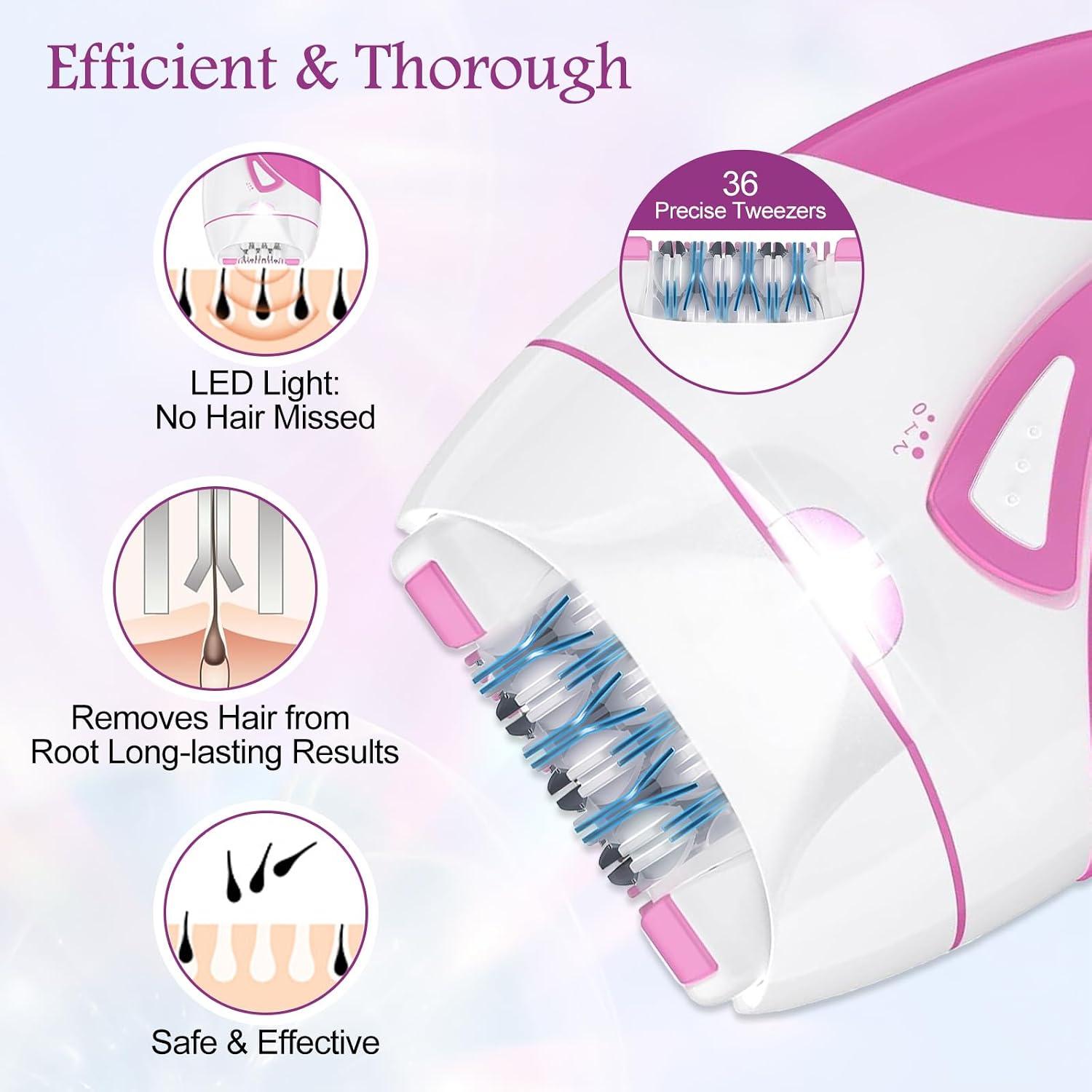 Epilator for Women, Smooth Glide Facial Hair Remover with 2 Speed & LED Light, Rechargeable Cordless Electric