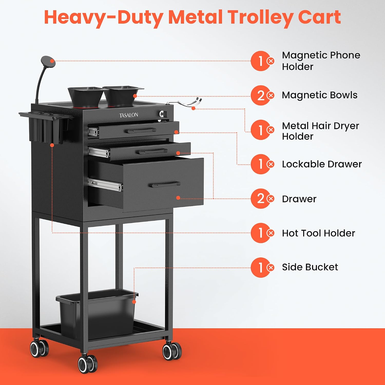 Salon Trolley Cart with Wheels, Lockable Metal Rolling Cart with Drawers, Magnetic Bowls & Phone Holder, Mobile