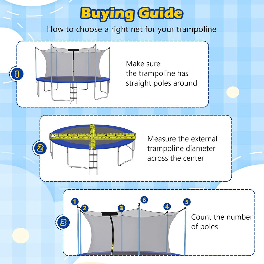 Trampoline Net, Trampoline Enclosure for 8 10 12 14 15 16Ft Round Trampoline with Double-Headed Zippers & Buckles