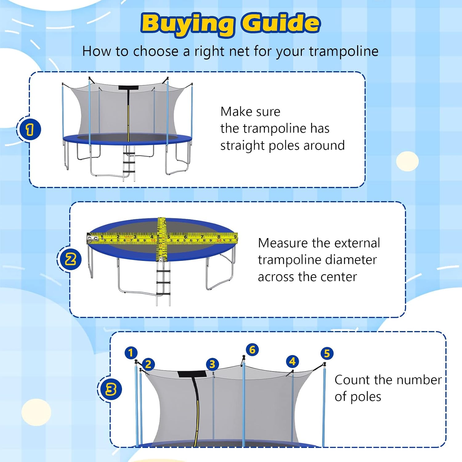 Trampoline Net, Trampoline Enclosure for 8 10 12 14 15 16Ft Round Trampoline with Double-Headed Zippers & Buckles