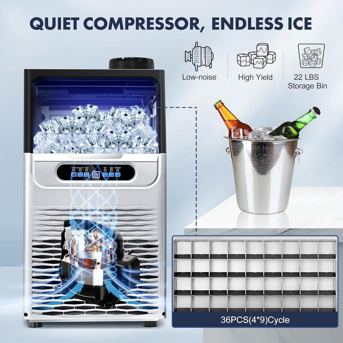 100LBS/24H Commercial Ice Maker Machine Under Counter/Freestanding