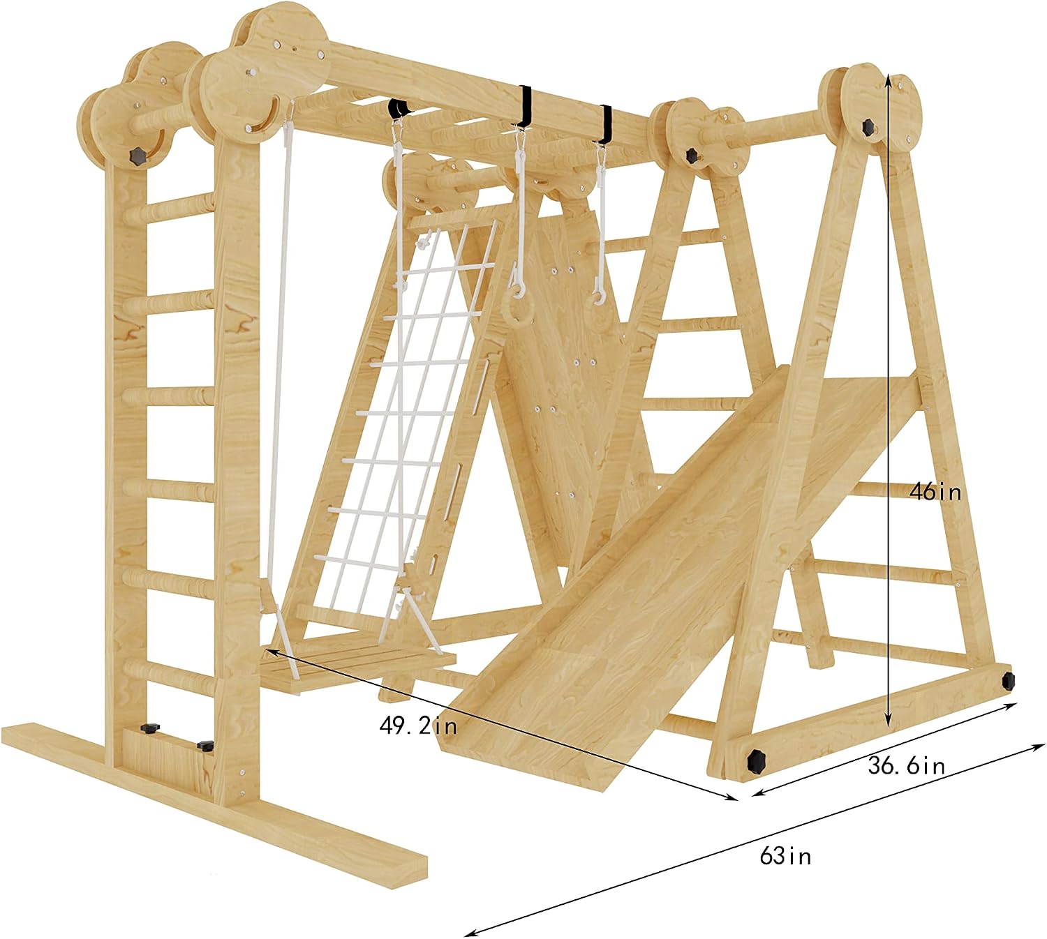 7-in-1 Indoor Playset for Kids 2-6 with Slide, Climbing Wall, Ladder, Net, Bars, Swing, Ring - USA