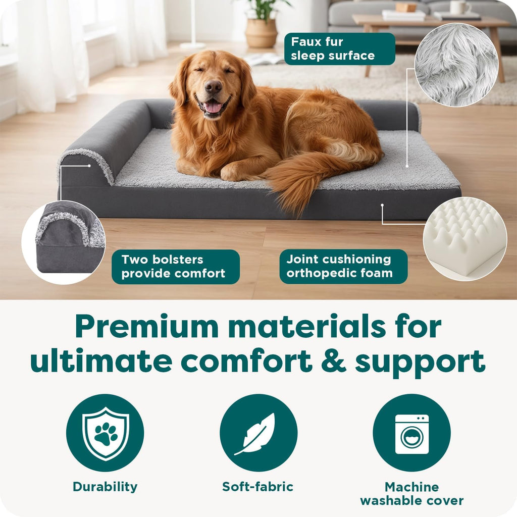 Orthopedic Dog Bed for Large Dogs w/ Removable Bolsters & Washable Cover, For Dogs Up to 95 lbs - Two-Tone Plush Faux