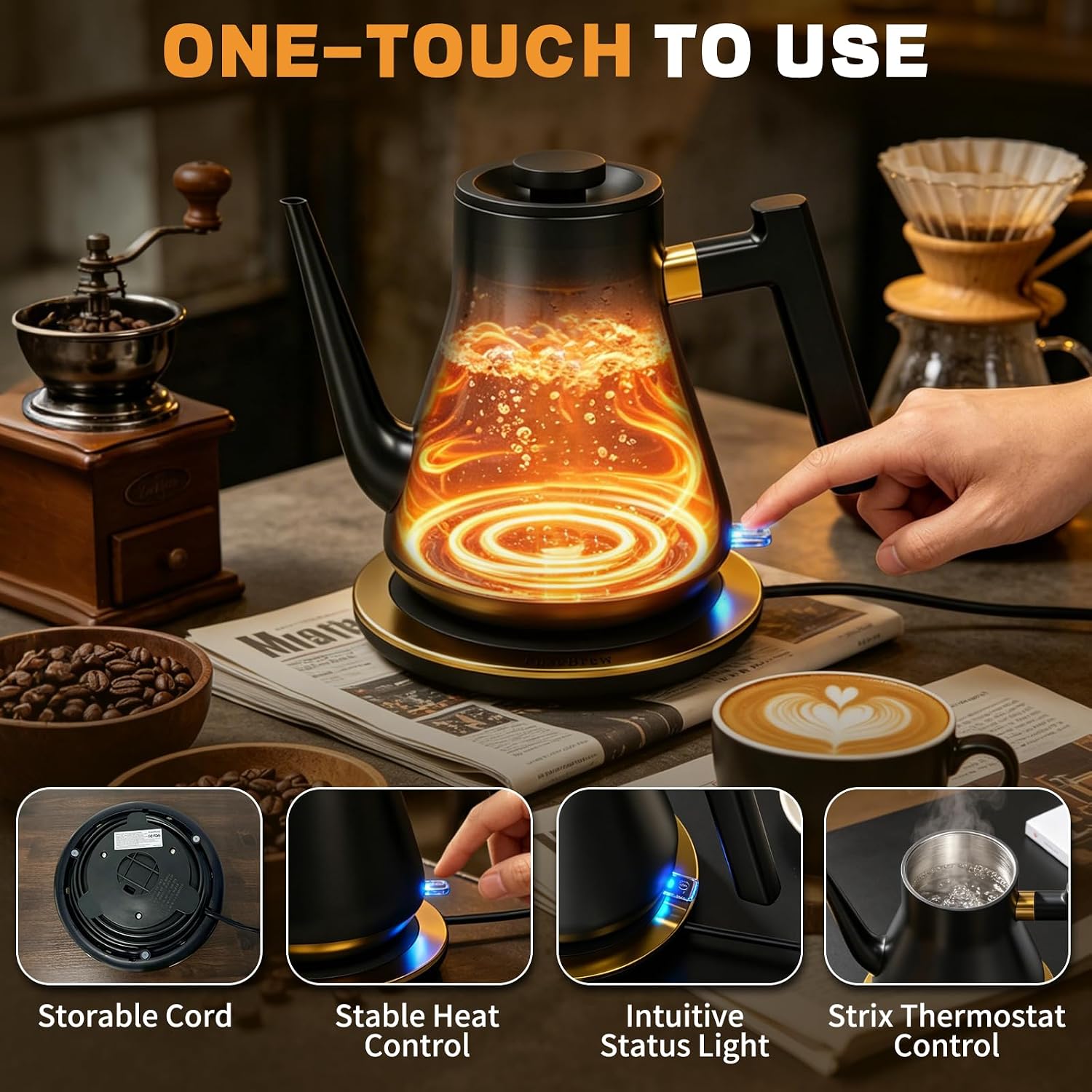 Gooseneck Electric Kettle 1000W | Pour Over Coffee Kettle with Steady Flow Spout & Balanced Handle, 0.8L Matte Black