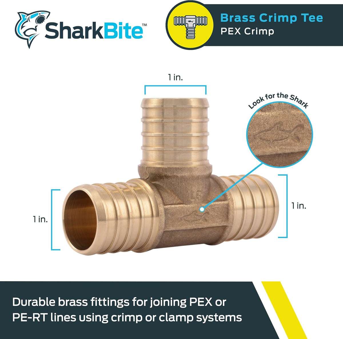 SharkBite 1 Inch Crimp Tee, Brass Plumbing Fitting, PEX Pipe, PE-RT, UC374LFA