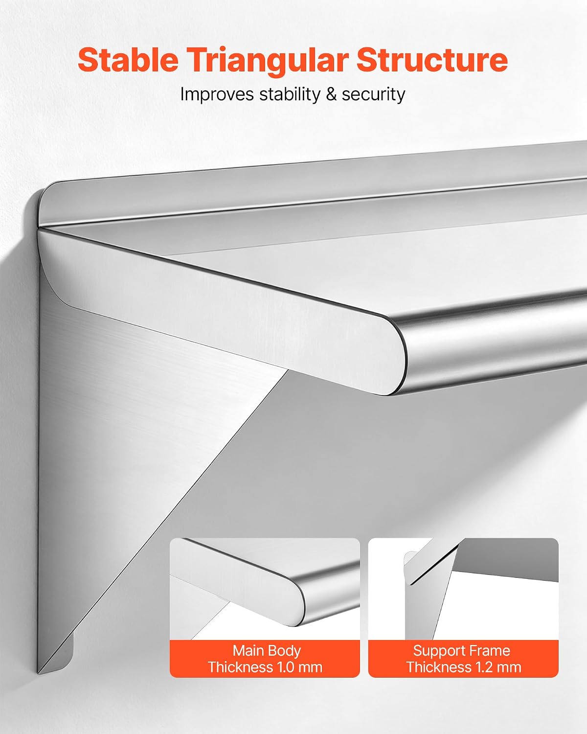 Stainless Steel Shelf 12" x 36" 2-Pack Wall Mount Floating Shelf