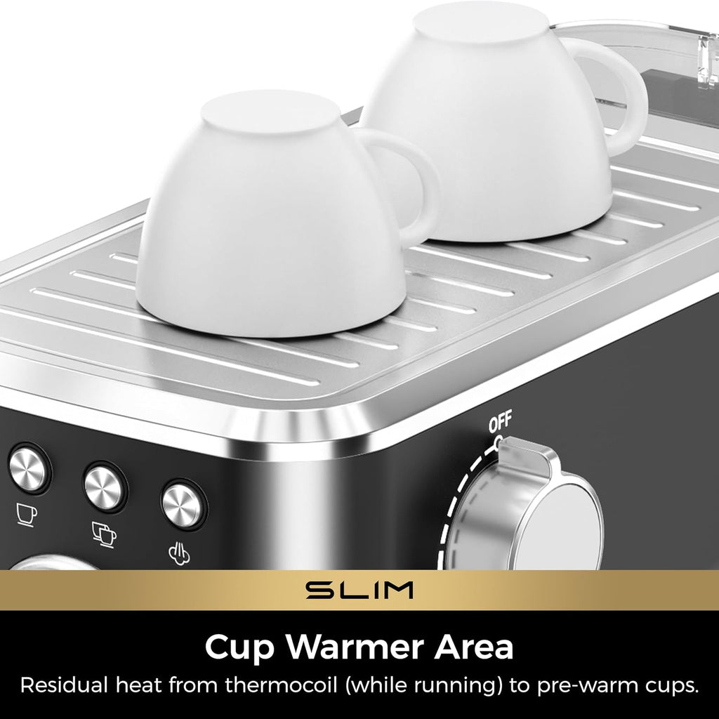 Slim Espresso Machine with Milk Frother for Home Cappuccino, Black | Precise Pressure Gauge, Food-Grade Materials, 20