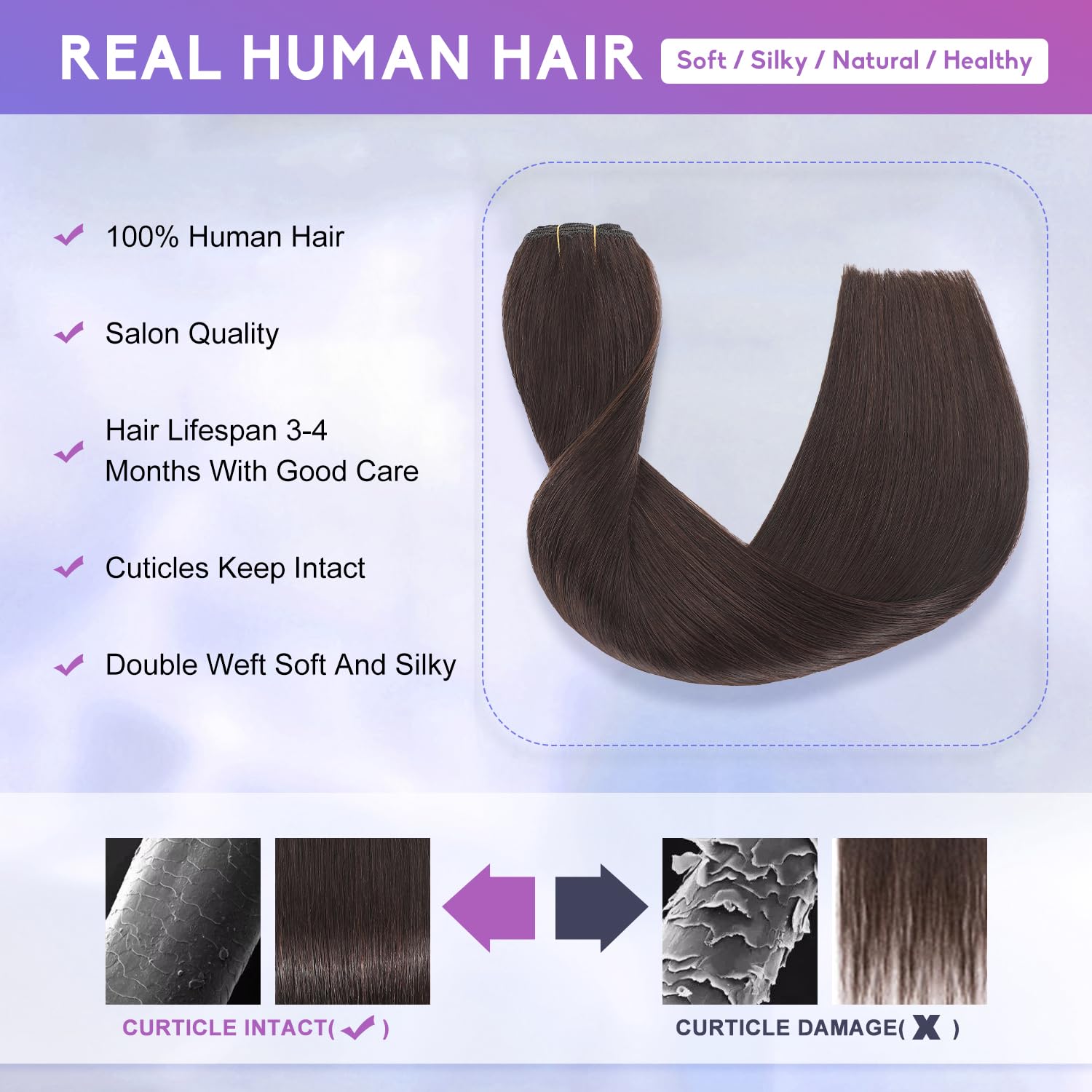 Dark Brown Invisible Clip in Hair Extensions Real Human Hair Weft Clip Ins | 18 Inch 100g, 8pcs Per Set, Double Weft