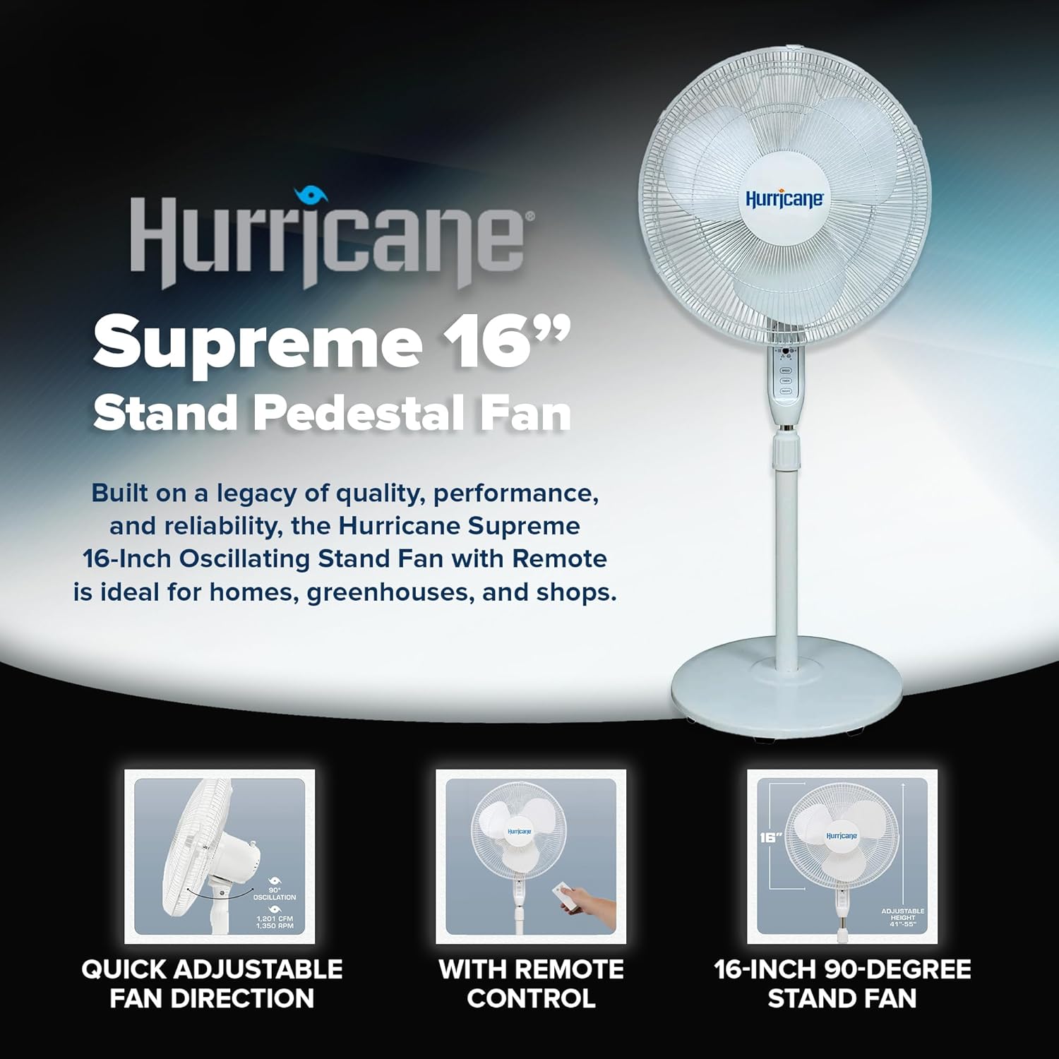 Supreme Oscillating Pedestal Fan w/Remote for Home, White, 16 in | Standing Electric Air Cooling Unit for Indoor