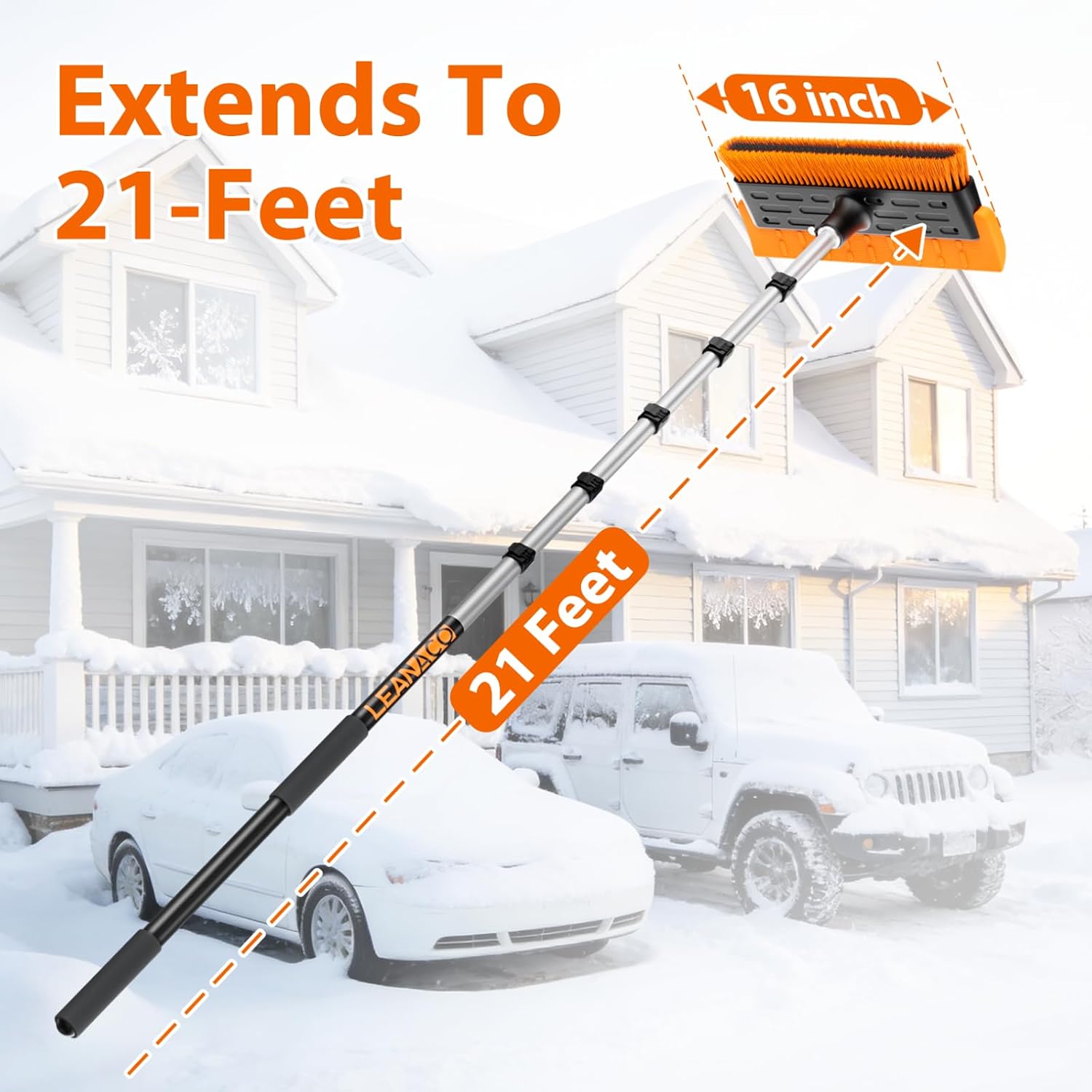 Year-Round Roof Rakes for Snow, Leaves & Moss – 16” No-Scratch Foam Blade & Roof Brush, 4.7-21ft Telescoping Snow