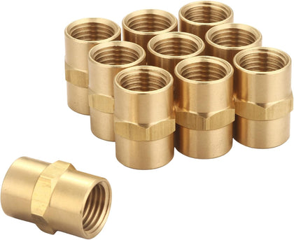 Brass Coupling 1/4 Inch NPT Female x 1/4 Inch NPT Female Hex Head Pipe Fitting, Pack of 10, Compressor connector 1/4