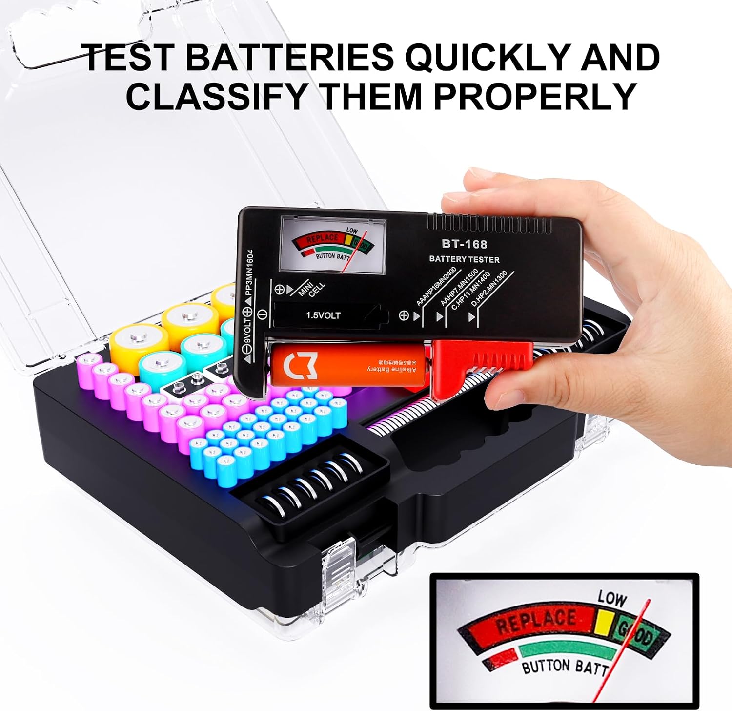 Battery Organizer Storage Case with Tester, Ultra-Large 265+ Double-Sided Batteries Container with Handle, Holds AA