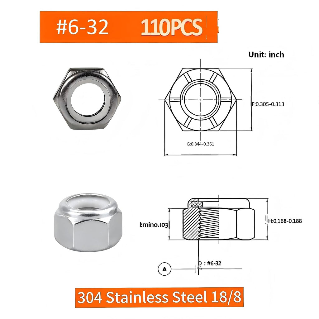 #6-32 Locknuts,110PCS 304 (18-8) Stainless Steel Nylon Insert Lock Nuts, Standard Inch Thread Nylock Nuts