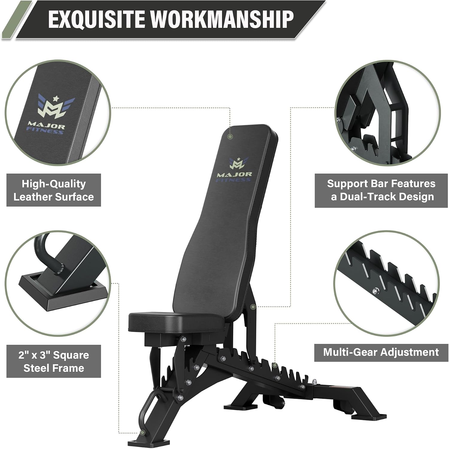 MAJOR FITNESS Weight Bench - 1300LBS Weight Capacity and 36 Adjustable Positions Strength Training Bench for Garage