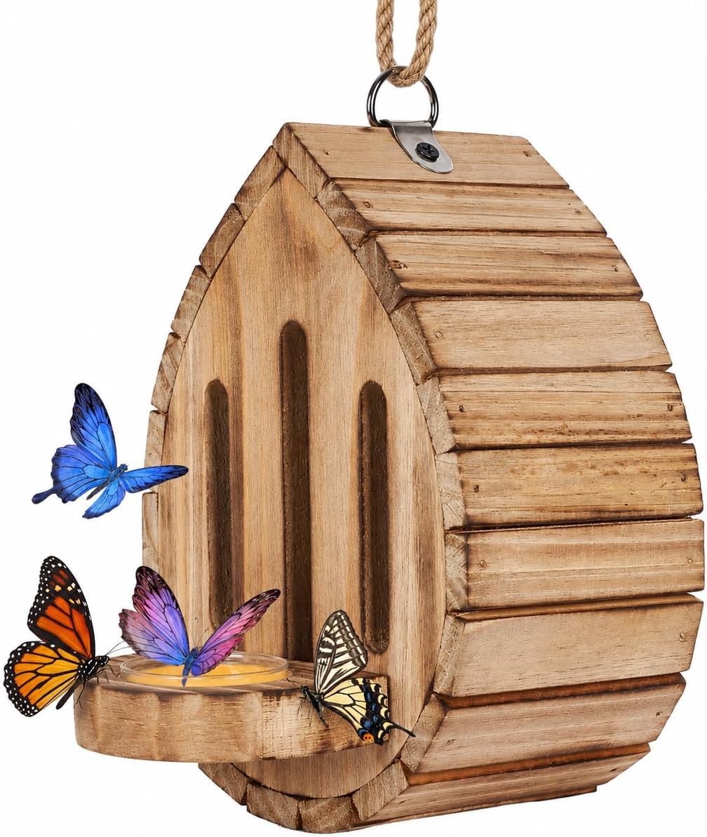 Wooden Butterfly House and Feeder for Outdoors, Natural Butterfly Habitat Nesting Box, Hanging Bug Hotel Garden