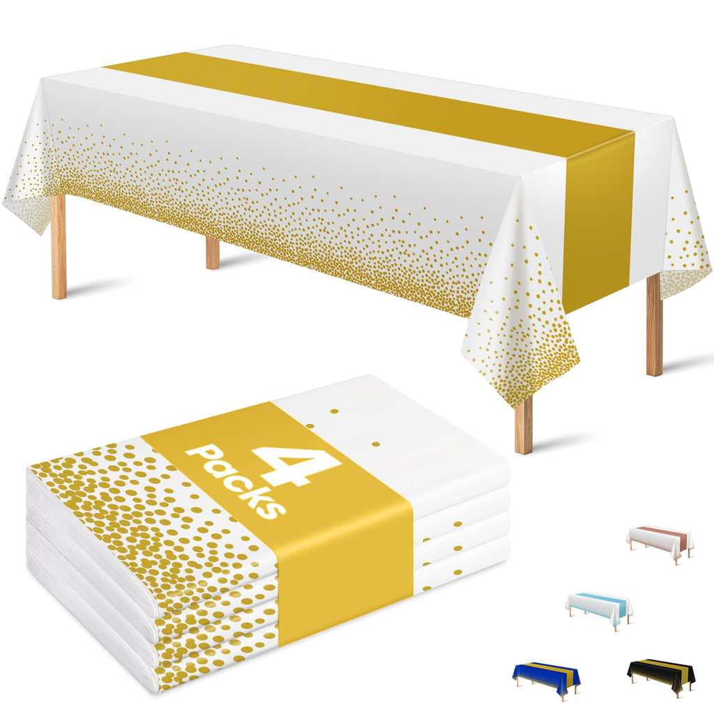 4 Pack Disposable Plastic Table Cloths for Parties,White and Gold Rectangle Table Covers for Fall Decor Wedding