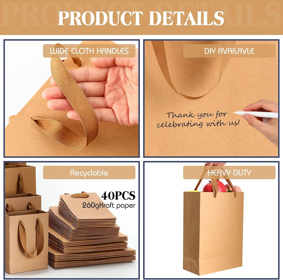 40 Pack Kraft Gift Bags with Handles 4 Sizes,Vertical,Brown