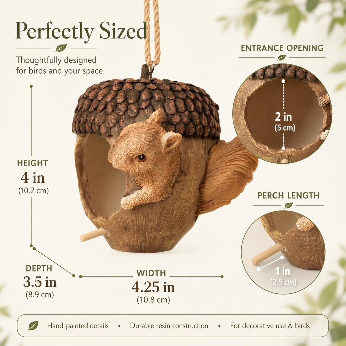 Acorn Bird House for Outside, Hand-Painted Resin Hanging Birdhouse with Squirrel, Weather-Resistant Decorative Bird