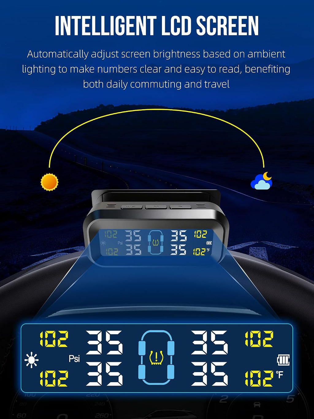 Tire Pressure Monitoring System with Solar & USB Charger-TPMS with 4 External Sensors & 6 Alarm Modes, LCD Display
