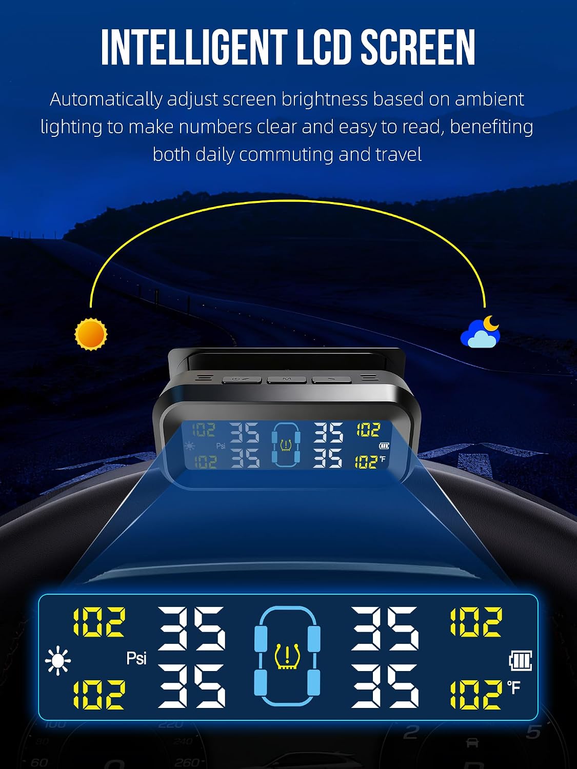Tire Pressure Monitoring System with Solar & USB Charger-TPMS with 4 External Sensors & 6 Alarm Modes, LCD Display