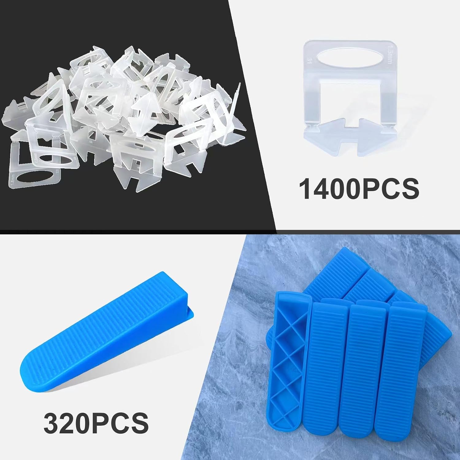 Tile Leveling System 1/16”Kit 1400pcs Tile Leveler Spacers Clips +320pcs Reusable Wedges Tile Leveler Tool Set for