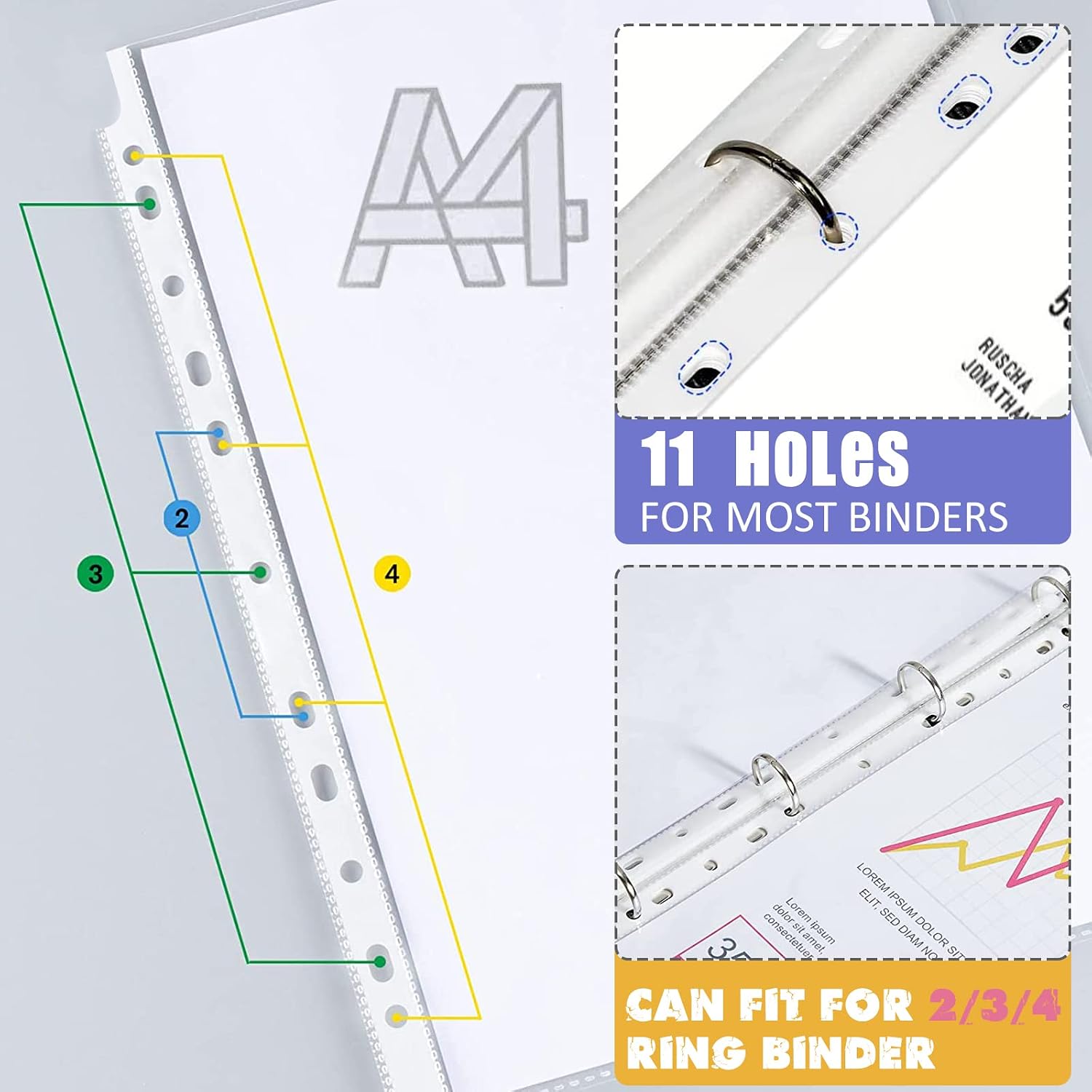 5 Set of 40 Pack A4 Plastic Sleeves Binder Index Dividers Pocket Dividers for 2/3/4 Ring Binder with 8 Tabs，Clear