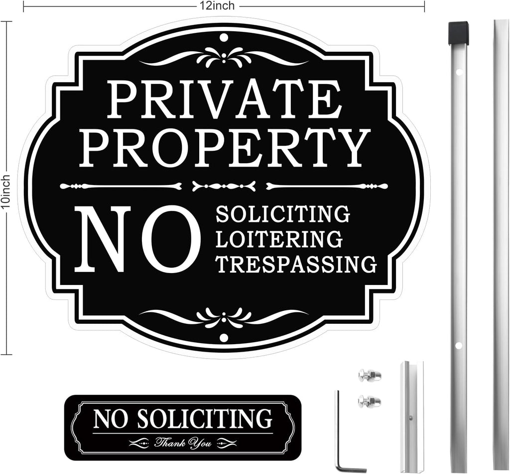 No Soliciting Sign for House with Metal Stake, 12" x 28" Private Property No Trespassing No Loitering Sign for Yard