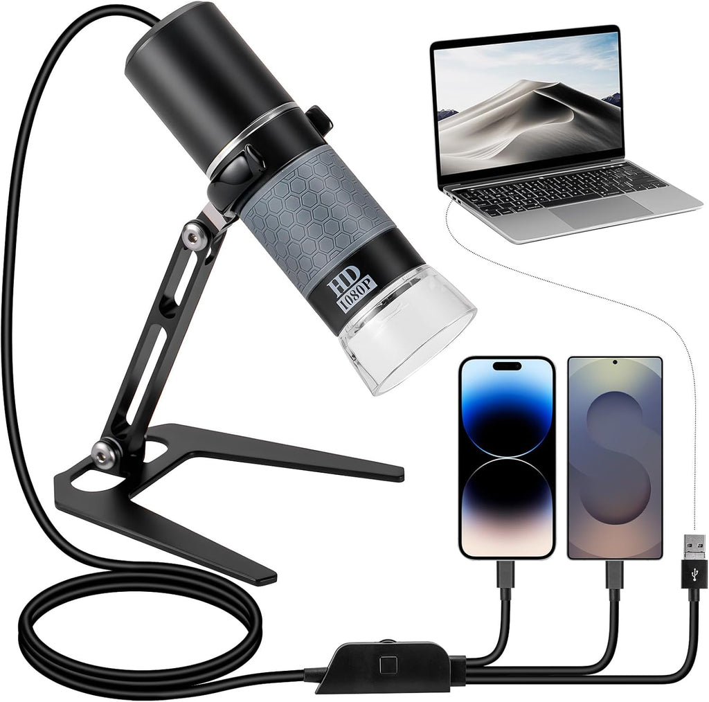 1080P USB Digital Microscope with Metal Stand, 50X-1000X Handheld Microscope Camera with 8 LED Lights Compatible with