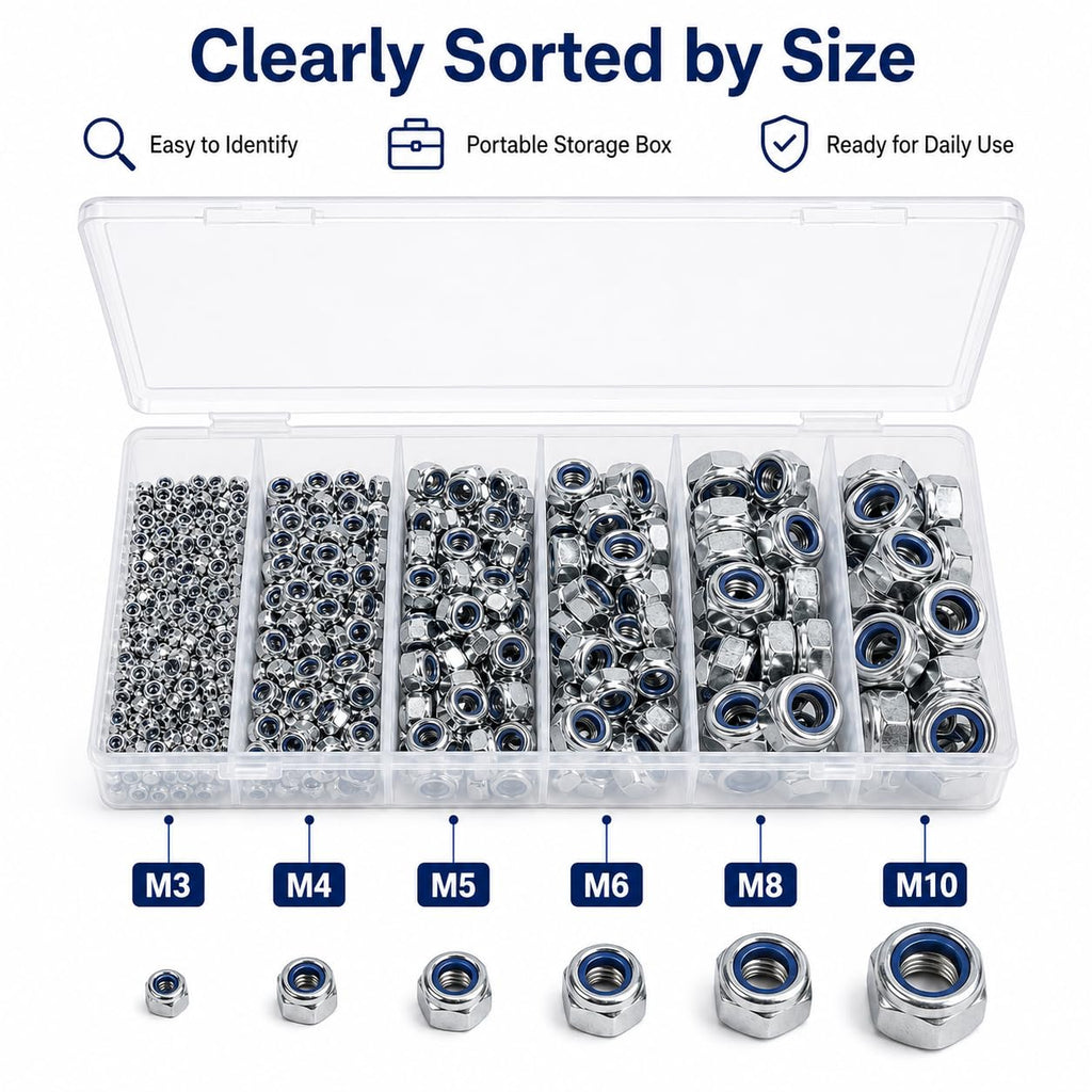500PCS Metric Nylon Insert Lock Nuts Kit, M3 M4 M5 M6 M8 M10