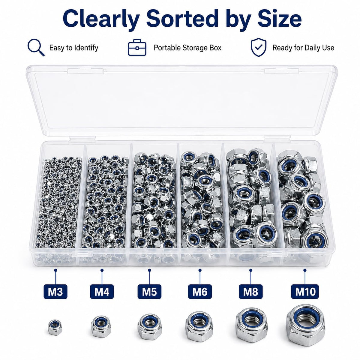 500PCS Metric Nylon Insert Lock Nuts Kit, M3 M4 M5 M6 M8 M10
