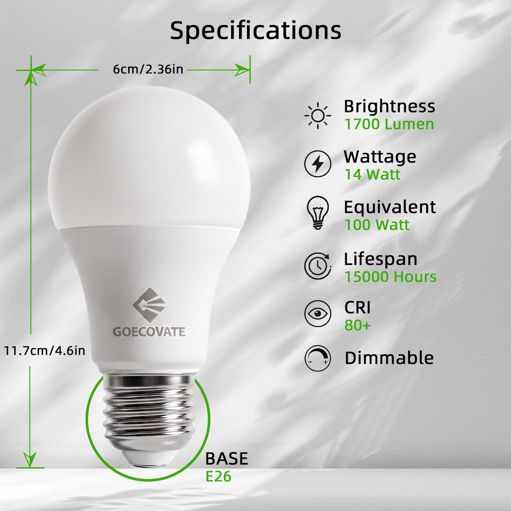 100W Equivalent A19 LED Light Bulbs Daylight, Dimmable, E26 Base, 6-Pack