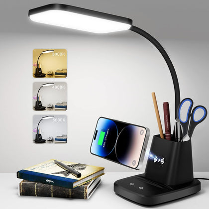 LED Desk Lamp with 10W Wireless Charging & Pen Holder, Black | CRI 95, 800LM, Stepless Dimming, 3 Modes, 360°Flexible