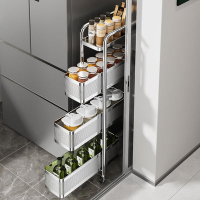 4-Tier Slim Storage Cart with 3 Slide-Out Drawers, 6.3" Sturdy Stainless Steel Rolling Utility Cart Organizer for
