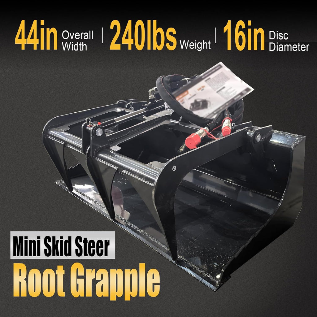44" Mini Skid Steer Root Grapple Bucket, Universal Quick Tach Connection, 3,000 PSI Hydraulic Cylinder with Cylinder