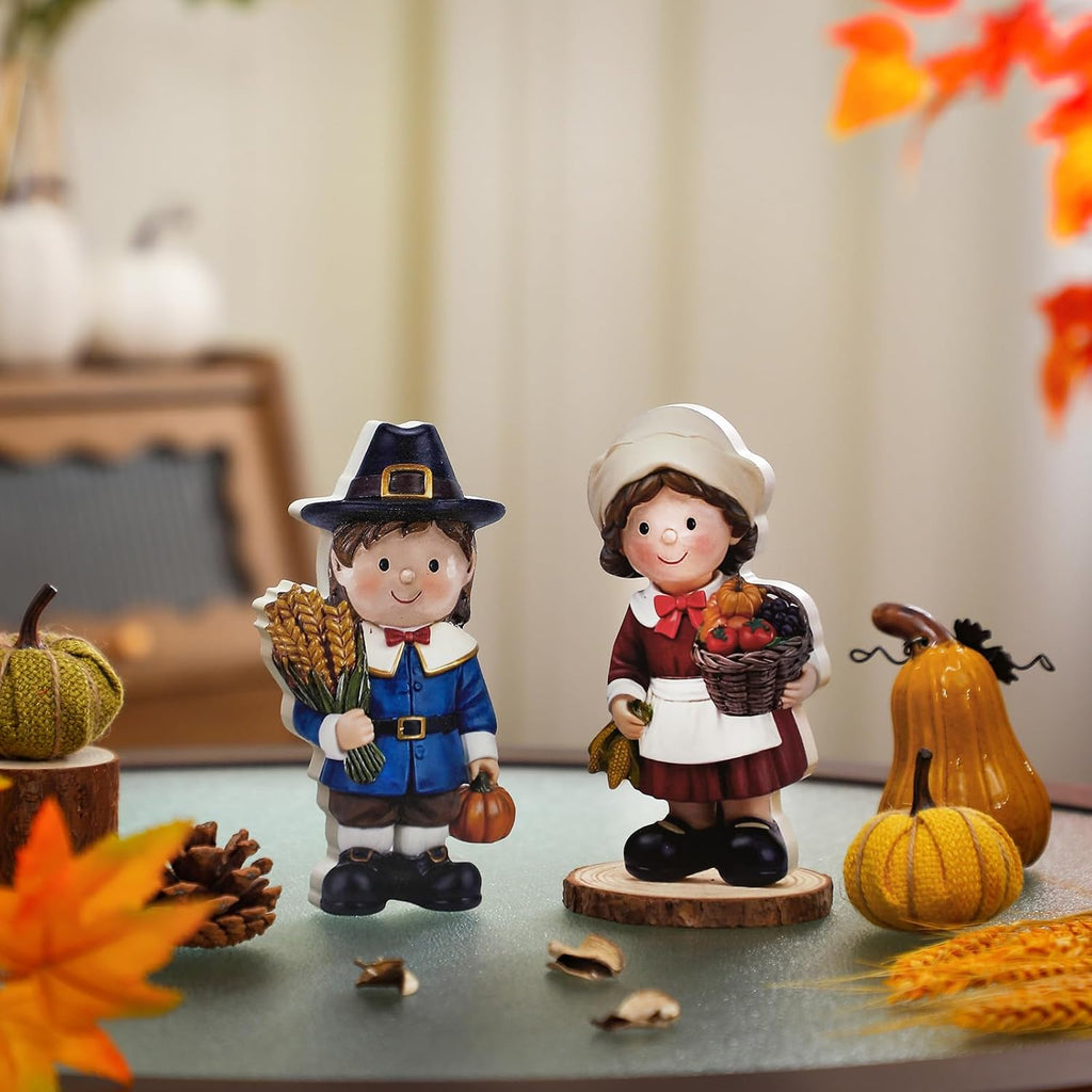 2 Pcs Fall Figurine Decor Pilgrim Figurine Autumn Statue Wooden Thanksgiving Boy and Girl Family Harvest Table