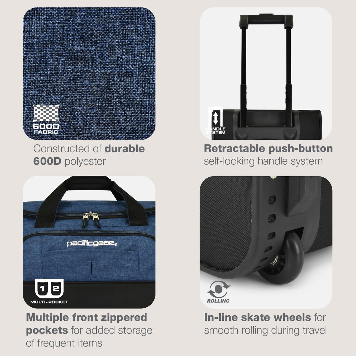 Duffel Bag with Rolling Wheels, Navy
