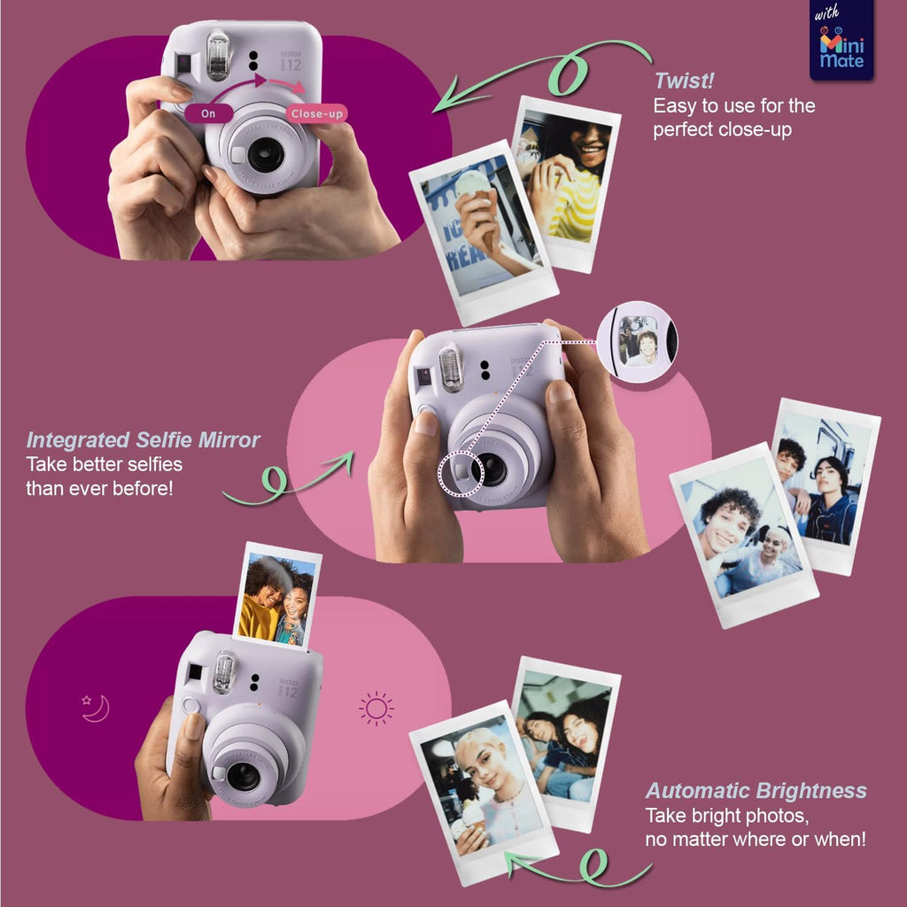 Instax Mini 12 Instant Camera + MiniMate Accessory Bundle & Compatible Custom Case + Fuji Instax Film Value Pack (50