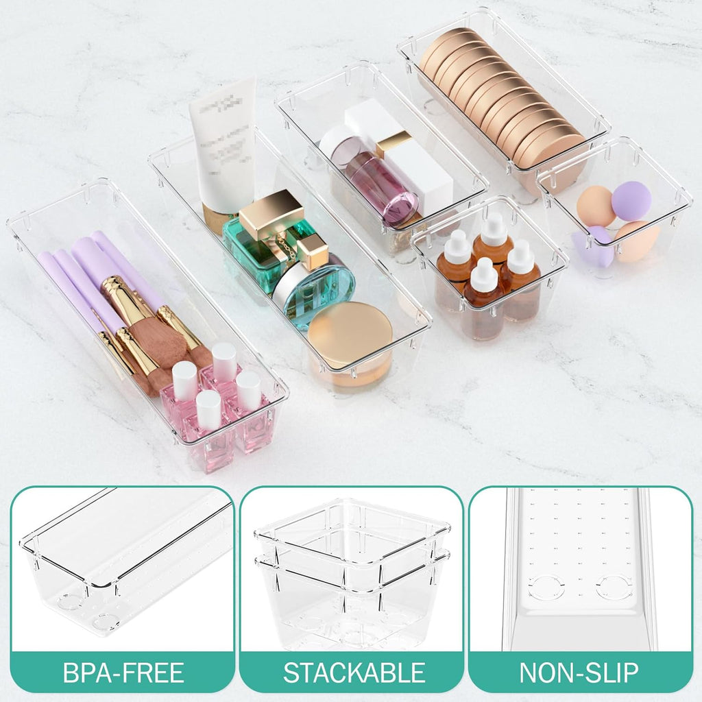 6 Pack Clear Drawer Organizer Set, Acrylic Drawer Storage Trays, Storage Bins for Makeup, Cosmetics, Jewelries