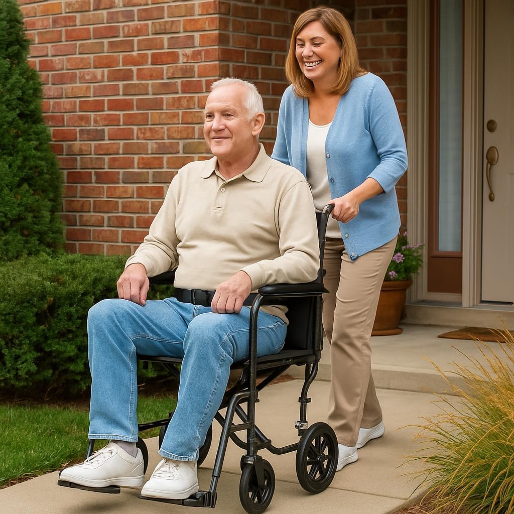Dr Dunley Folding Transport Wheelchair with Swing-Away Footrests,19" Wide Padded Seat, Full-Length Armrests