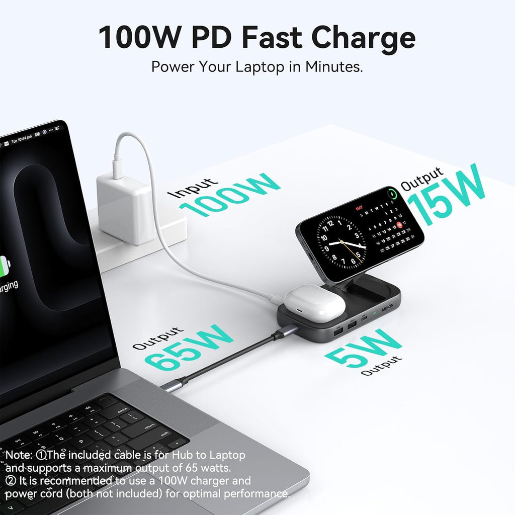 USB C Hub 15W Wireless Charger, Qi2 Certified Magsafe Charging Stand with 4K@60Hz HDMI, 100W PD, 10Gbps USB C/A, and