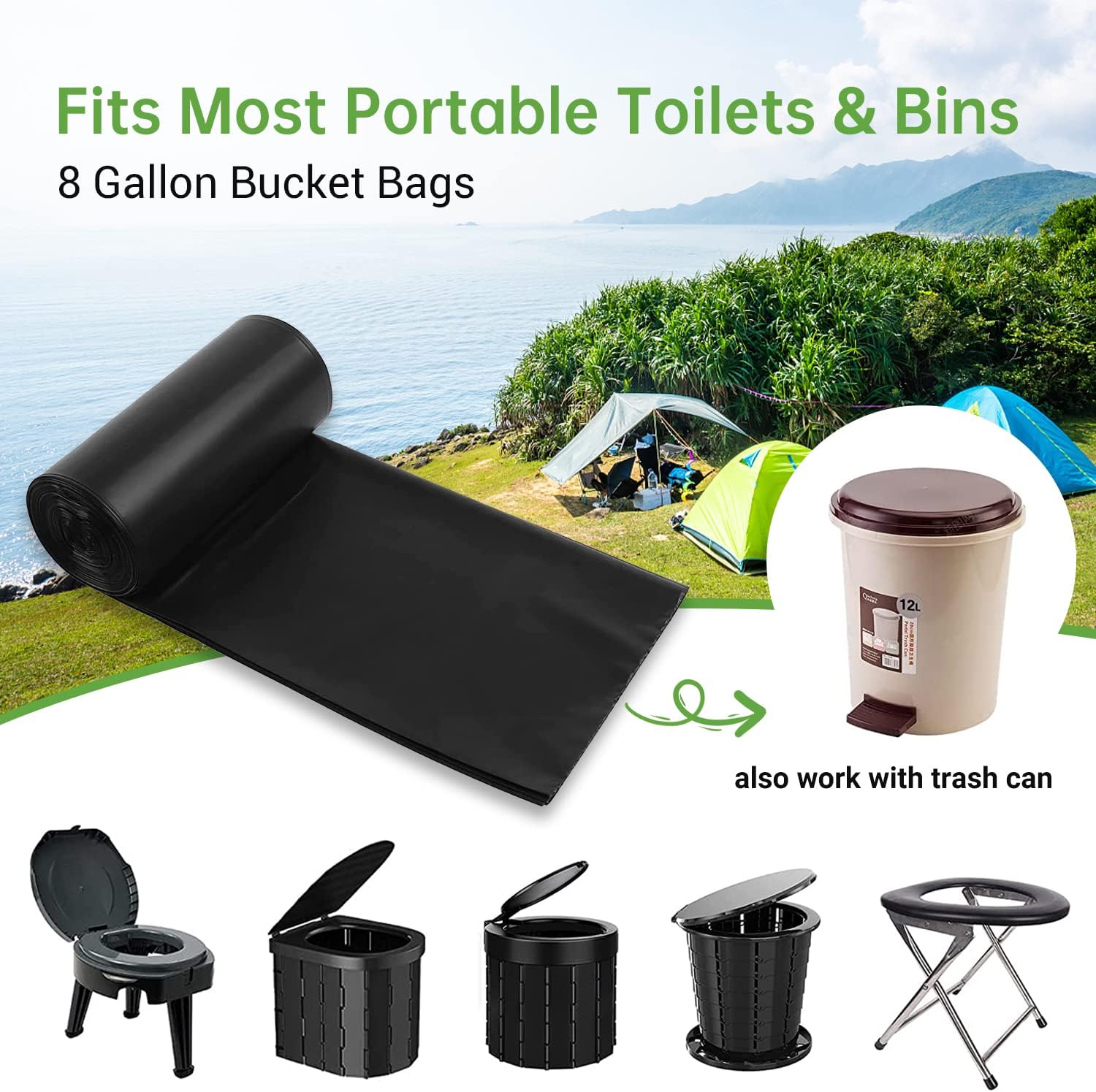 50 portable toilet bags for camping, 8 Gallon 1.3 Mil Thickened Compostable Toilet Replacement Bags for Portable