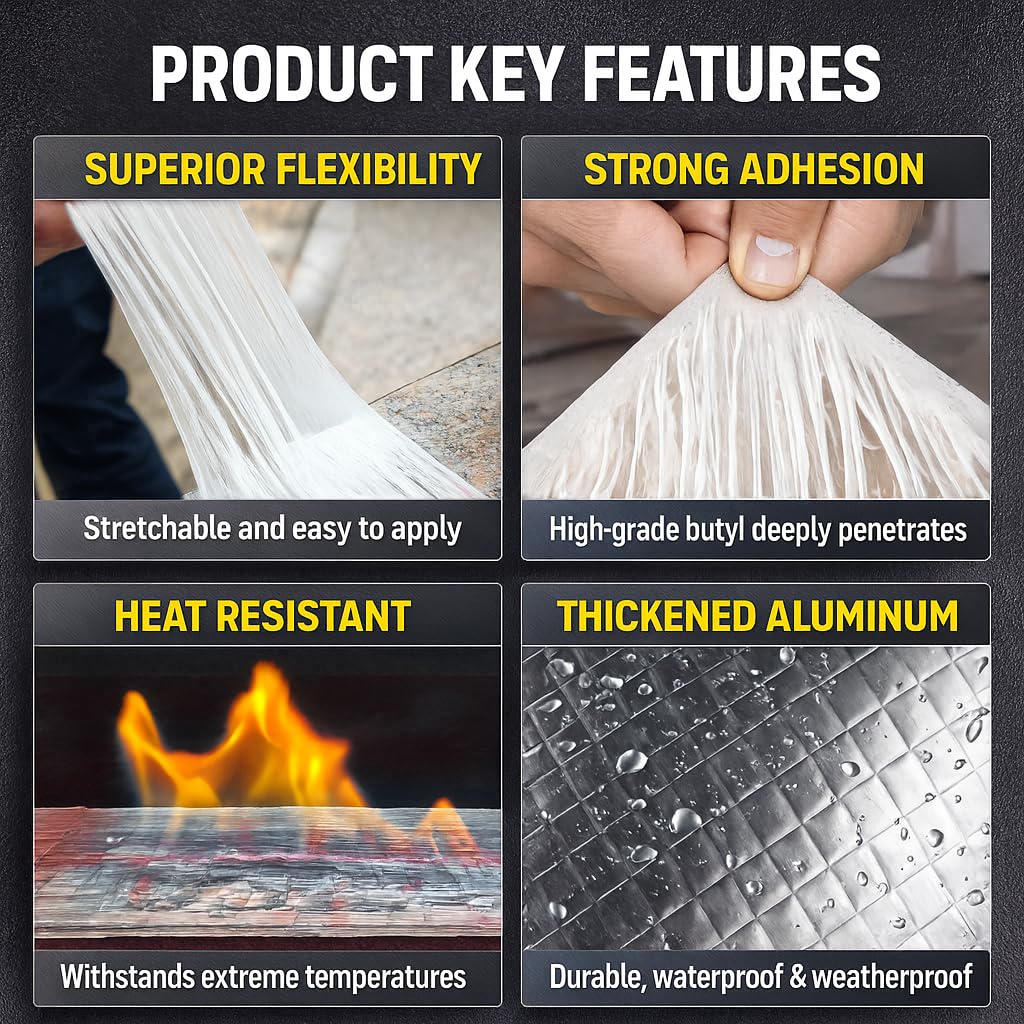 Butyl Waterproof Tape, 4" x 16' Aluminum Foil Sealant Tape for Leak-Proof Patching of Windows, Glass, Boats, Pipes，RV