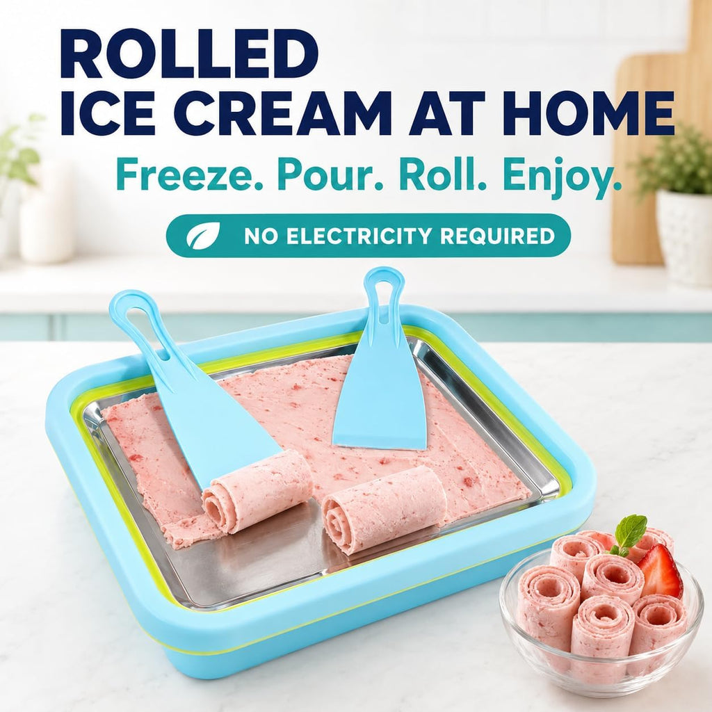Rolled Ice Cream Maker Kit, Stainless Steel Freezing Pan with 2 Spatulas, No Electricity Required