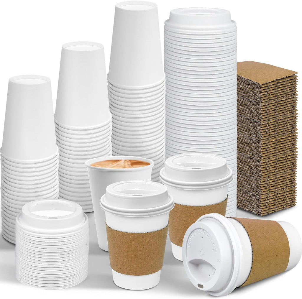 100 Pack 12 oz Leak-Proof Coffee Cups with Lids and Sleeves