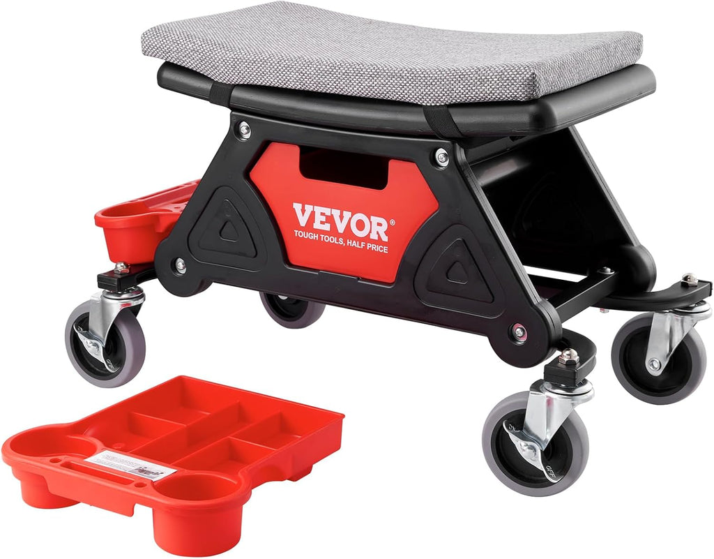 Mechanic Stool 300 LBS Capacity Garage Stool Gift for Men, Heavy Duty Rolling Mechanics Seat, with Three Slide Out