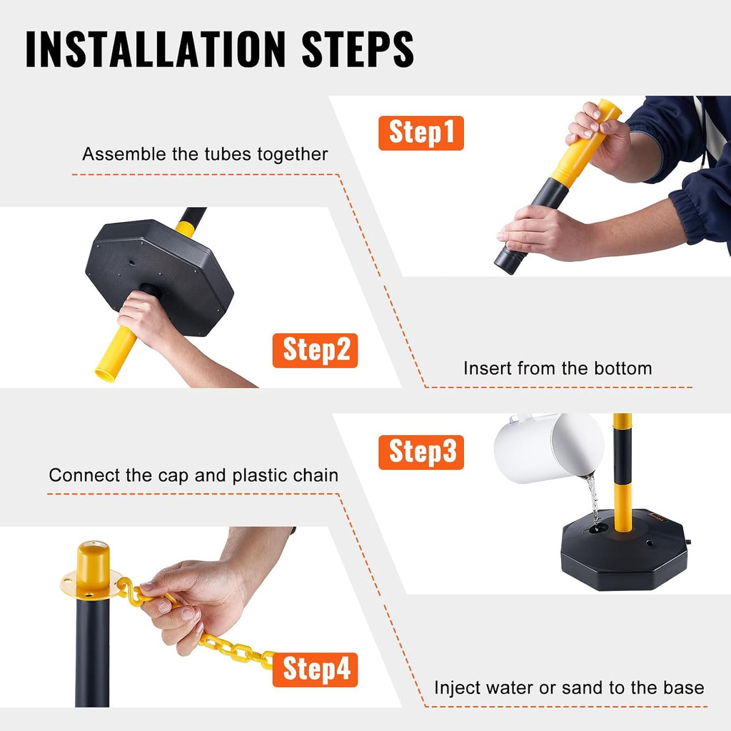 Adjustable Traffic Delineator Post Cones, 6 Pack, Traffic Safety Delineator Barrier with Fillable Base 8FT Chain