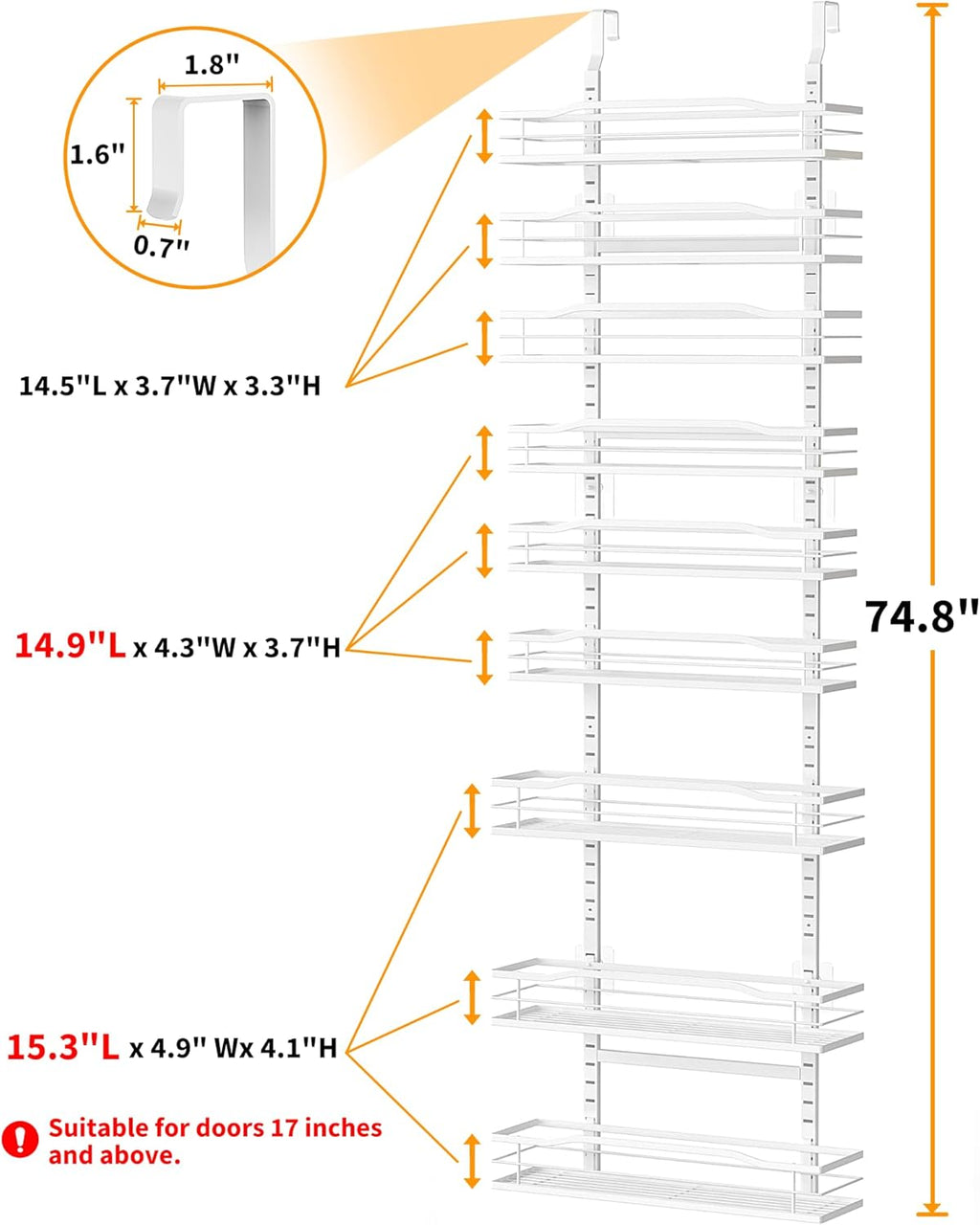 White 9-Tier Over The Door Pantry Organizer, Pantry Organization And Storage, Metal Hanging Spice Rack Shelves Door