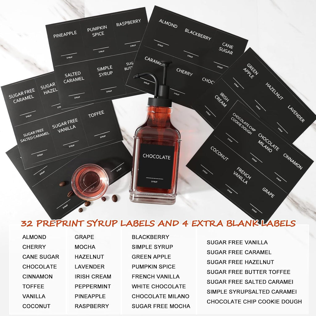 Coffee Syrup Dispenser, Coffee Bar Accessories 16.9 fl oz/500ml, Glass Syrup Dispenser with Pump Dispenser, Labels