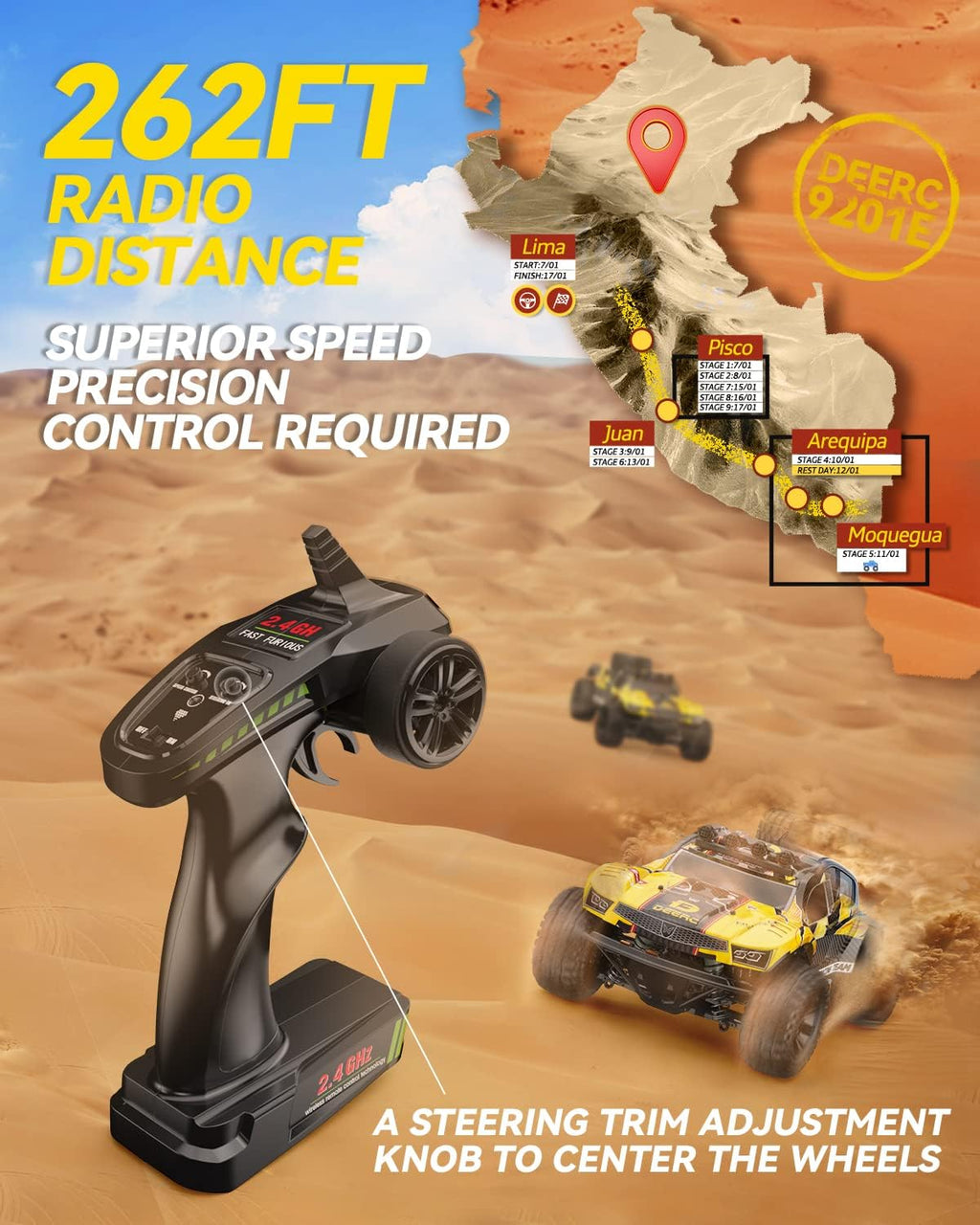 9201E 1:10 RC Truck for Adults & Boys, 48 KPH 4WD Short Course RC Car | Functional Spare Tire, LED Lights, Metal Dog