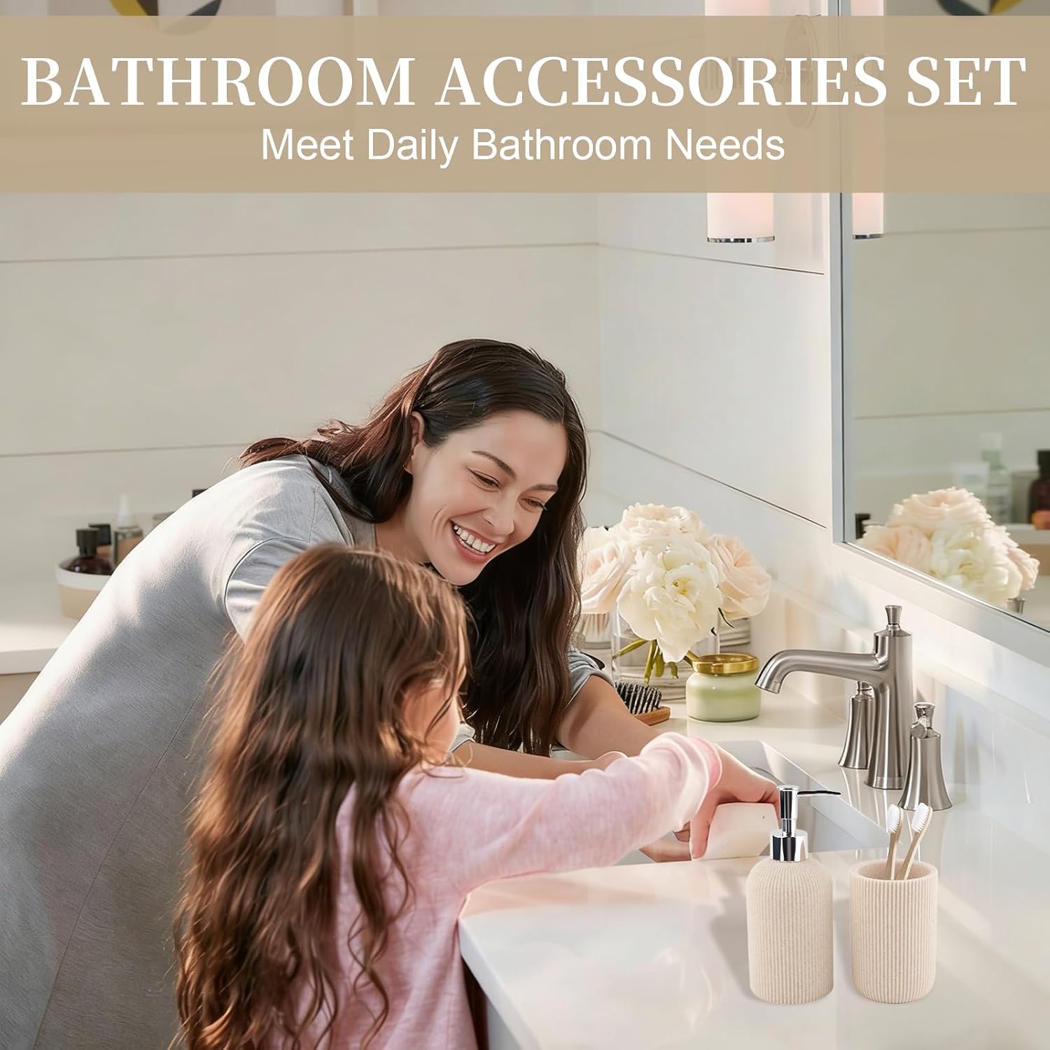 Beige Bathroom Accessories Set Include Soap Dispenser and Toothbrush Holder | Modern Stripe Design, Resin Bathroom
